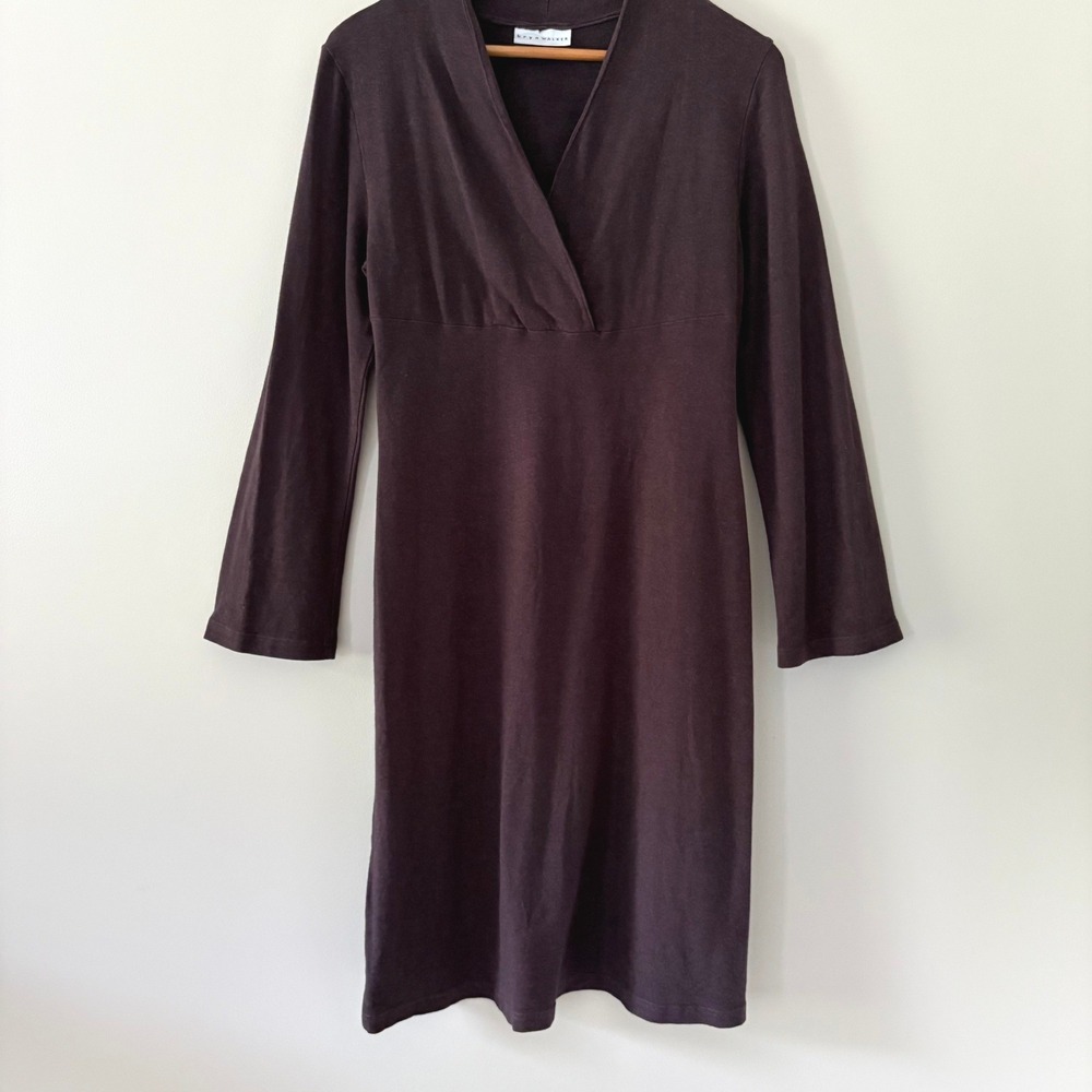 Bryn Walker Faux Wrap Stretch Midi Dress M Purple Lagenlook Empire Waist Dress